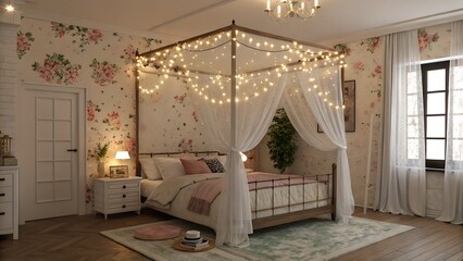 Bedroom interior with four poster bed and floral wallpaper design