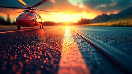Red helicopter on wet tarmac at sunset