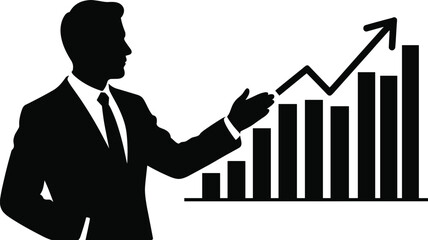 Businessman silhouette presenting growth chart, financial success, profit increase, sales performance, investment strategy, career achievement, business development, corporate progress, leadership, 
