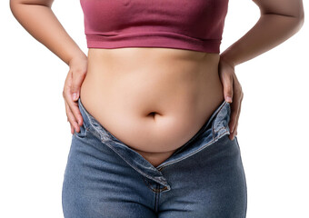 Naklejka premium Cropped Unretouched Photo of Girl Belly with Fat Folds Isolated on Transparent or White Background