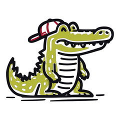 Obraz premium Whimsical green alligator cartoon with red cap, outlined against black