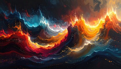 Energetic abstract painting luminous fiery orange and cool blue waves crash against a dark, swirling backdrop, creating a vivid dynamic