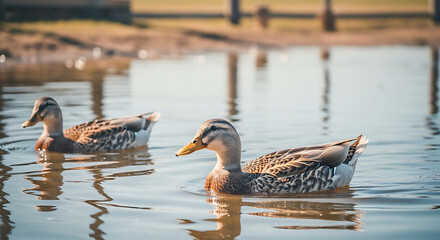 Two mallard ducks swim peacefully in a calm pond, their reflections visible in the clear water under bright sunlight.