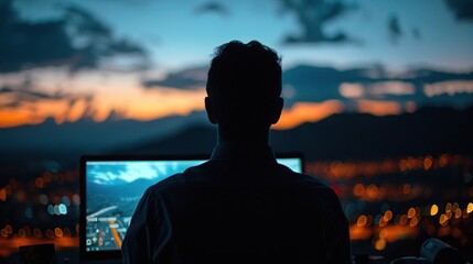 Person focused on sunset computer screen