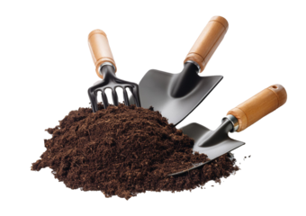 Garden tools and peat Isolated on transparent or white background