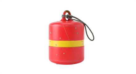 Red buoy with yellow stripe and rope isolated on transparent background, a safety device for marking locations and preventing accidents in water
