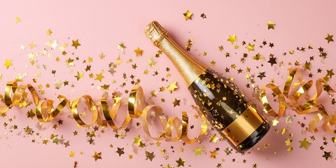 A festive champagne bottle surrounded by golden confetti and ribbons, perfect for celebration themes and party decorations.