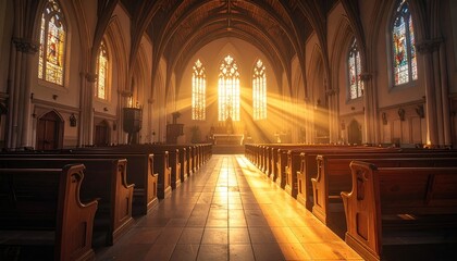 Fototapeta premium Interior view of a church featuring sunlight streaming through stained-glass windows illuminating pews and altar. Soft lighting and a reverent atmosphere