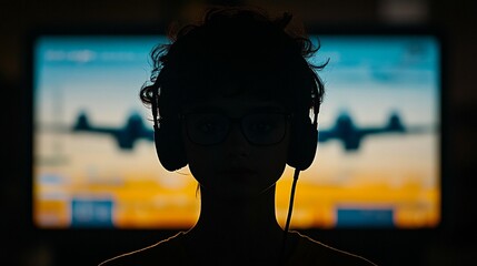 Silhouette of a person wearing headphones, focused on a blurred monitor showing planes