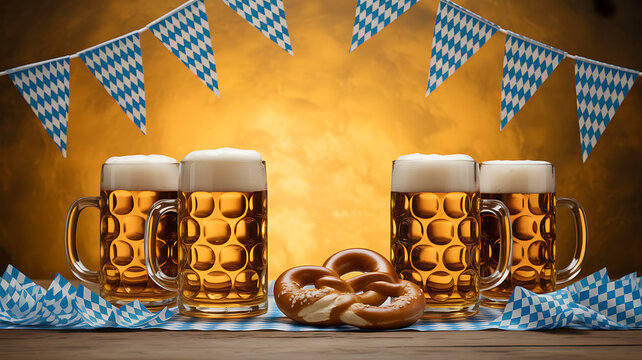Four mugs of beer with foam, pretzels, and blue-white checkered flags on a wooden table against a warm background