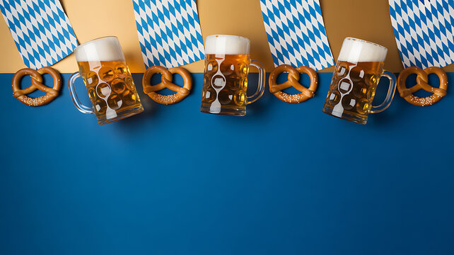Beer mugs and pretzels arranged with Bavarian flags on a blue background