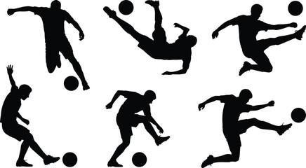 Silhouette of soccer players in action, football athletes kicking ball, sports competition, athletic movement, energy, teamwork, training, dynamic sports performance