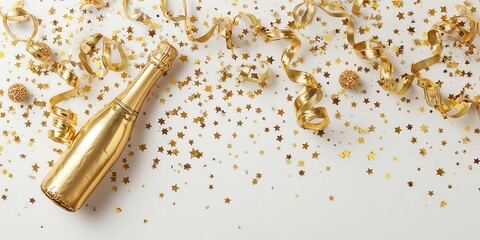 A festive scene featuring a golden champagne bottle surrounded by sparkling confetti and party ribbons, perfect for celebration.