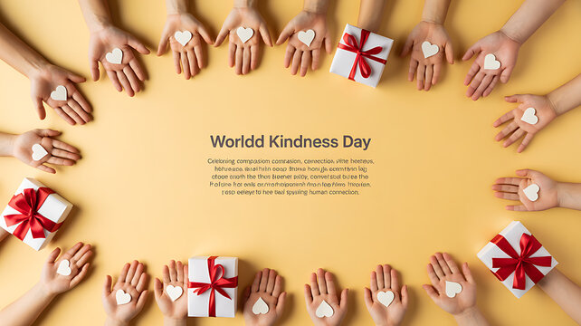 Hands forming a circle holding hearts and gifts for World Kindness Day