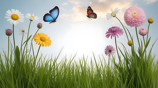 Butterflies flying over a meadow with colorful flowers and green grass under a bright sky