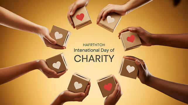 Multiple hands holding boxes with heart symbols forming a circle around text celebrating International Day of Charity