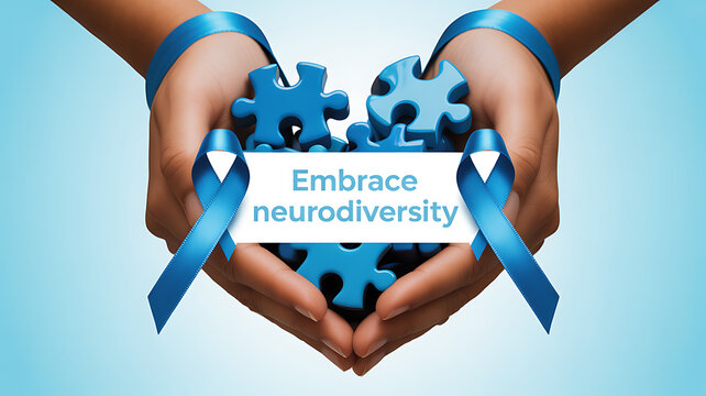 Hands holding blue puzzle pieces forming a heart with a ribbon and text 'Embrace neurodiversity'