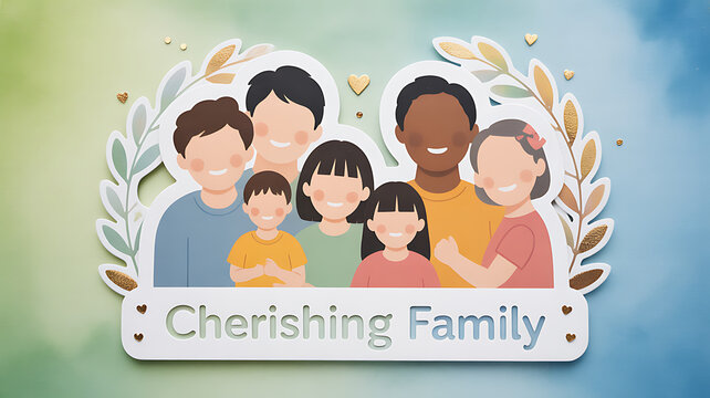 Illustrated family portrait with diverse members and decorative frame, emphasizing unity and love