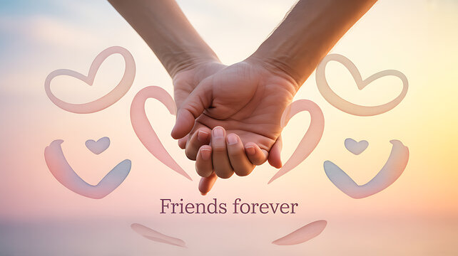 Two hands holding each other against a sunset sky with heart shapes and the text 'Friends forever'