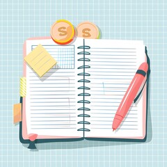 flat cartoon notebook open with financial planning notes and cute pen beside, pastel colors