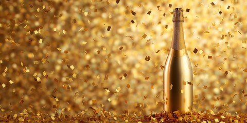 A golden champagne bottle stands proudly amidst a shower of shimmering gold confetti, perfect for celebrations and parties.