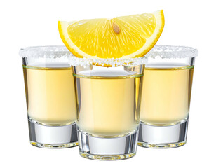 Three shot glasses of tequila, garnished with a lemon slice and salt