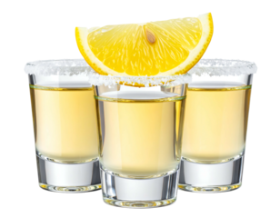 Three shot glasses of tequila, garnished with a lemon slice and salt