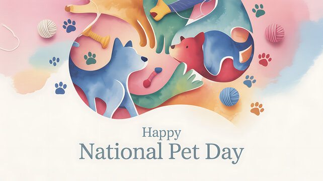 Colorful illustration celebrating National Pet Day with stylized animals and paw prints