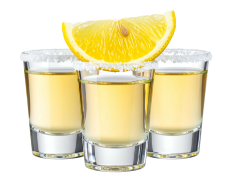 Three shot glasses of tequila, garnished with a lemon slice and salt