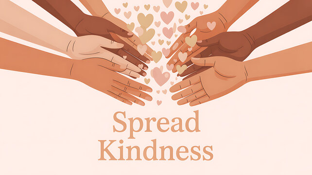 Illustration of diverse hands joining together with hearts, promoting kindness and unity