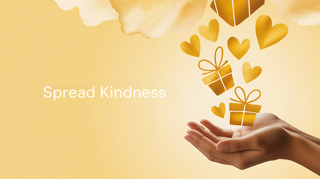 Hands receiving golden hearts and gift boxes with the message 'Spread Kindness' on a warm yellow background