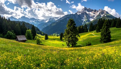 Obraz premium Sunny alpine meadow with mountains