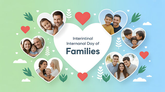 International Day of Families celebration featuring diverse families in heart-shaped frames on a colorful background