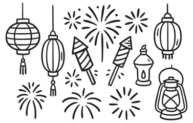 Festival Lantern and Fireworks Doodle Collection with Celebration Elements Hand Drawn Set Isolated on Transparent Background, Generative AI