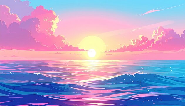 A vibrant, stylized seascape illustration with a bright sun setting over tranquil ocean waters and fluffy, pink-hued clouds filling the sky - Powered by Adobe