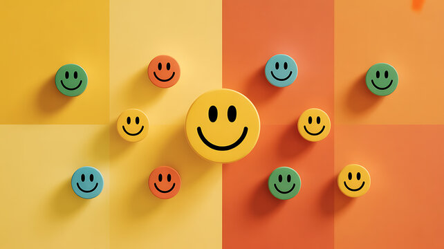 Colorful smiley face magnets arranged on a multicolored background