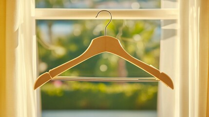 Wooden hanger by window, sunlit view