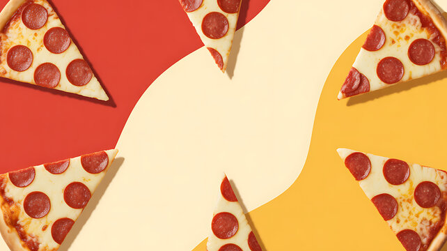 Slices of pepperoni pizza arranged on a colorful abstract background