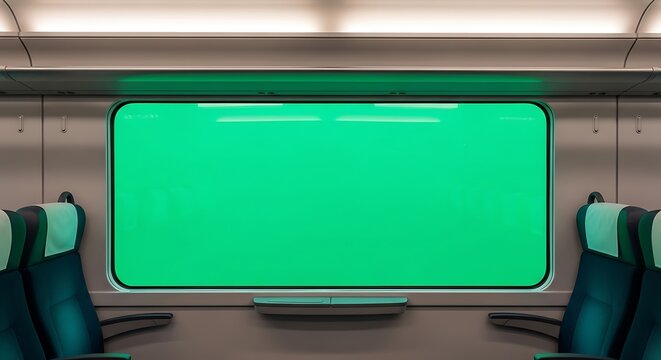 Interior train carriage view with a large, bright green window pane and teal seats.