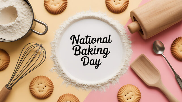 National Baking Day celebration with baking tools and cookies arranged on a colorful background