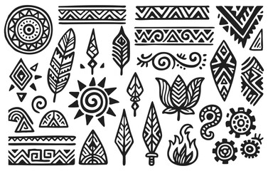 Tribal Ethnic Doodle Ornament Collection with Feathers Sun and Geometric Shapes Isolated on Transparent Background, Generative AI