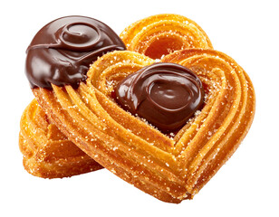 Two heart-shaped churros, dusted with sugar, topped with chocolate