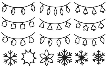 Christmas Garland Lights and Ornament Doodle Collection with Bells Stars and Snowflakes Isolated on Transparent Background, Generative AI