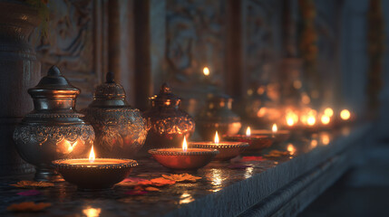 Diwali celebration with diyas and traditional pots for hindu festival of lights india