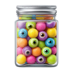 Colorful candy glass jar gummy eyeball Halloween spooky sweet assorted round rainbow festive treat sugar party confection fun bright jar lid transparent glossy realistic decoration holiday playful