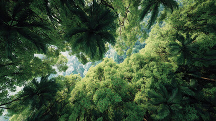 Obraz premium Trees in forest rising toward blue sky concept. Aerial view of lush green forest canopy filled with vibrant leaves.