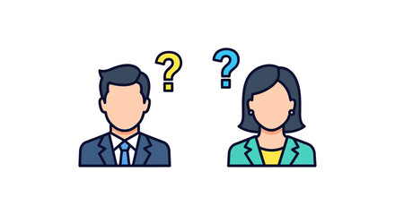 Business people with questions depicting confusion and ambiguity in corporate decision-making ideal for strategy presentations and communication training resources