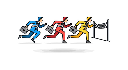 Business race to success businessmen running towards the finish line competing for market share and achieving targets in corporate rivalry.