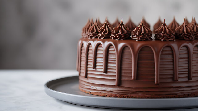 Chocolate cake with piped frosting and decorative chocolate drizzle on a plate