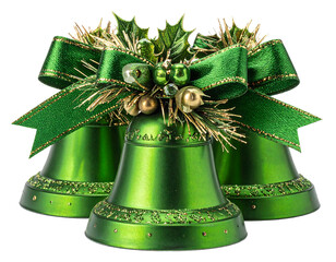 Three glossy green Christmas bells, adorned with emerald ribbons and gold accents